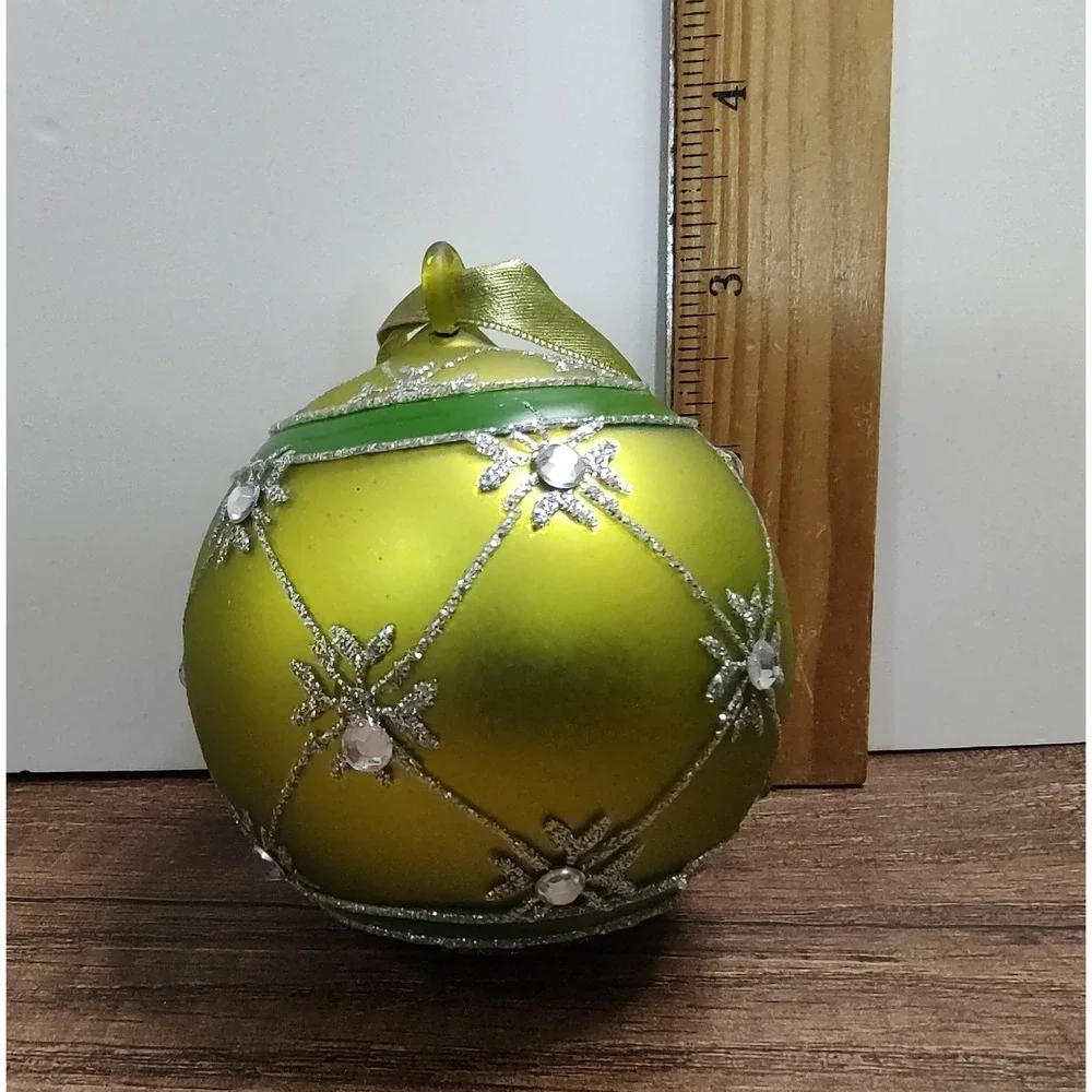 Vintage Green Mercury Glass Ball Christmas Ornament Glitter Rhinestone Design B8